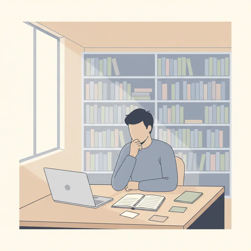 Étudiant en bibliothèque universitaire française réfléchissant au choix de son sujet de mémoire