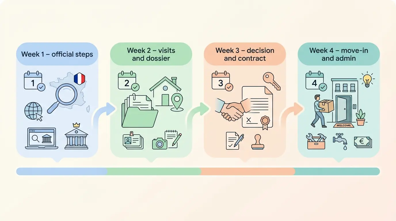 Plan en 4 semaines pour trouver un logement étudiant en France : démarches officielles, visites, décision et emménagement
