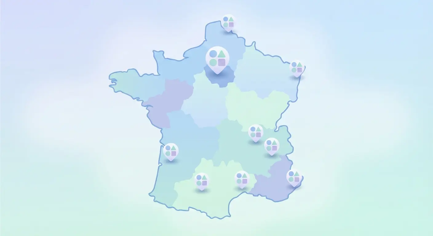 Carte interactive des universités en France 2026 montrant les principaux pôles universitaires — Paris, Lyon, Strasbourg, Montpellier, Toulouse, Grenoble, Bordeaux — style vectoriel pastel