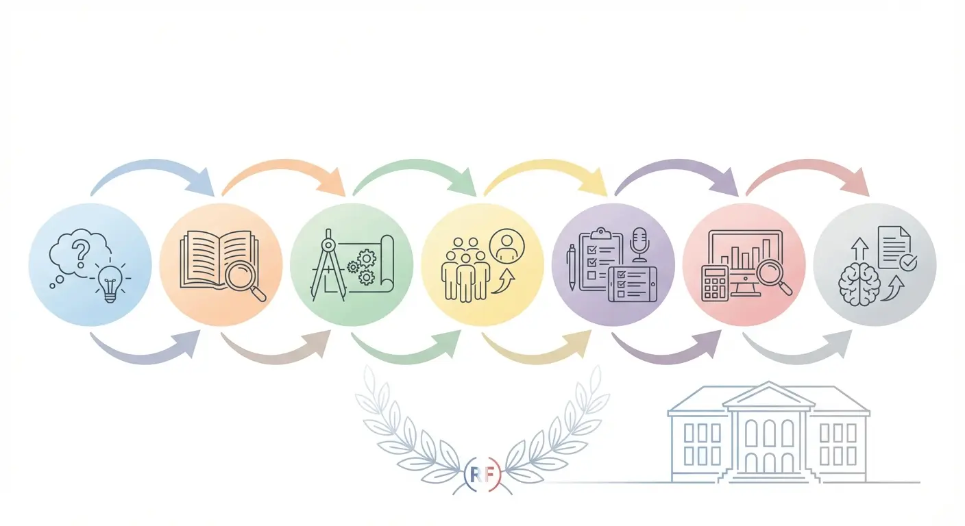 Schéma des 7 étapes de la méthodologie de recherche scientifique adaptée au contexte académique français : problématique, revue de littérature, design, échantillonnage, collecte, analyse et interprétation