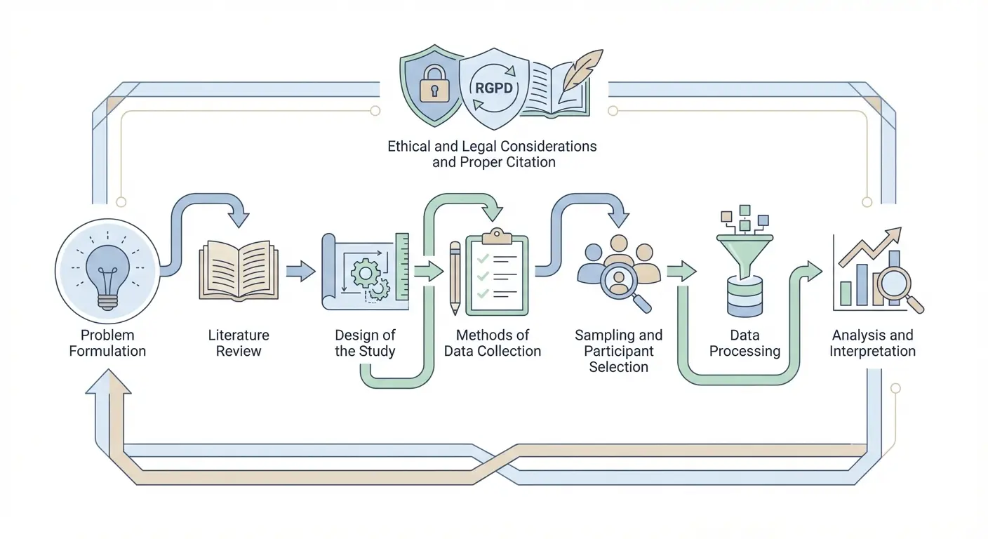 Infographie cycle complet de la méthodologie de recherche française : de la formulation du problème à l'analyse et aux considérations éthiques RGPD