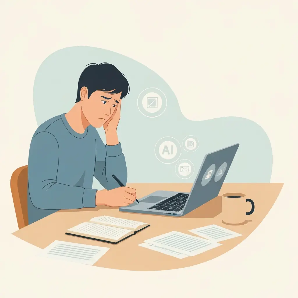 Étudiant frustré devant son ordinateur en train d'écrire son mémoire avec l'IA