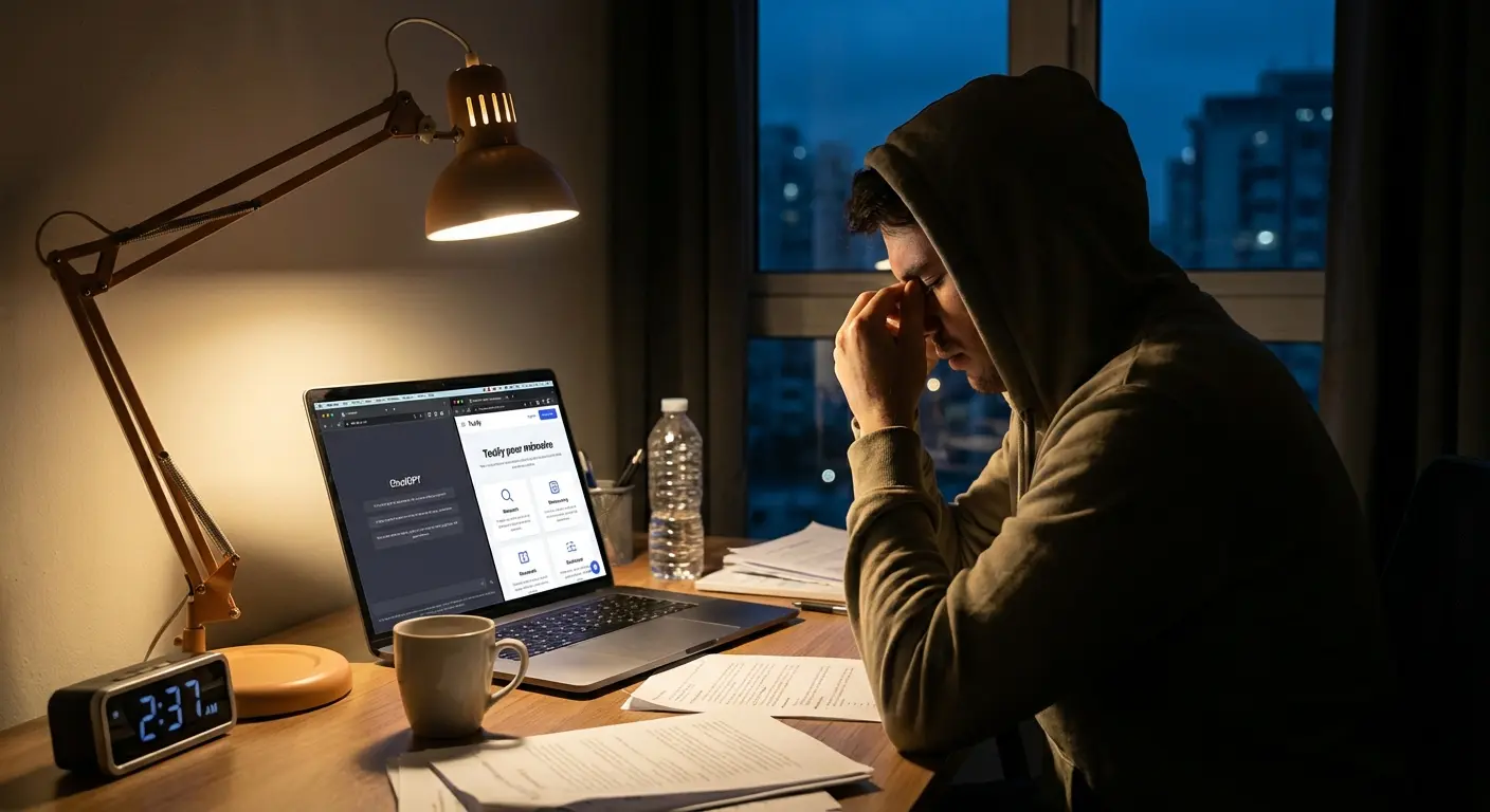 Étudiant frustré travaillant sur un mémoire tard dans la nuit avec un ordinateur portable, illustrant le choix entre ChatGPT et Tesify comme IA pour mémoire