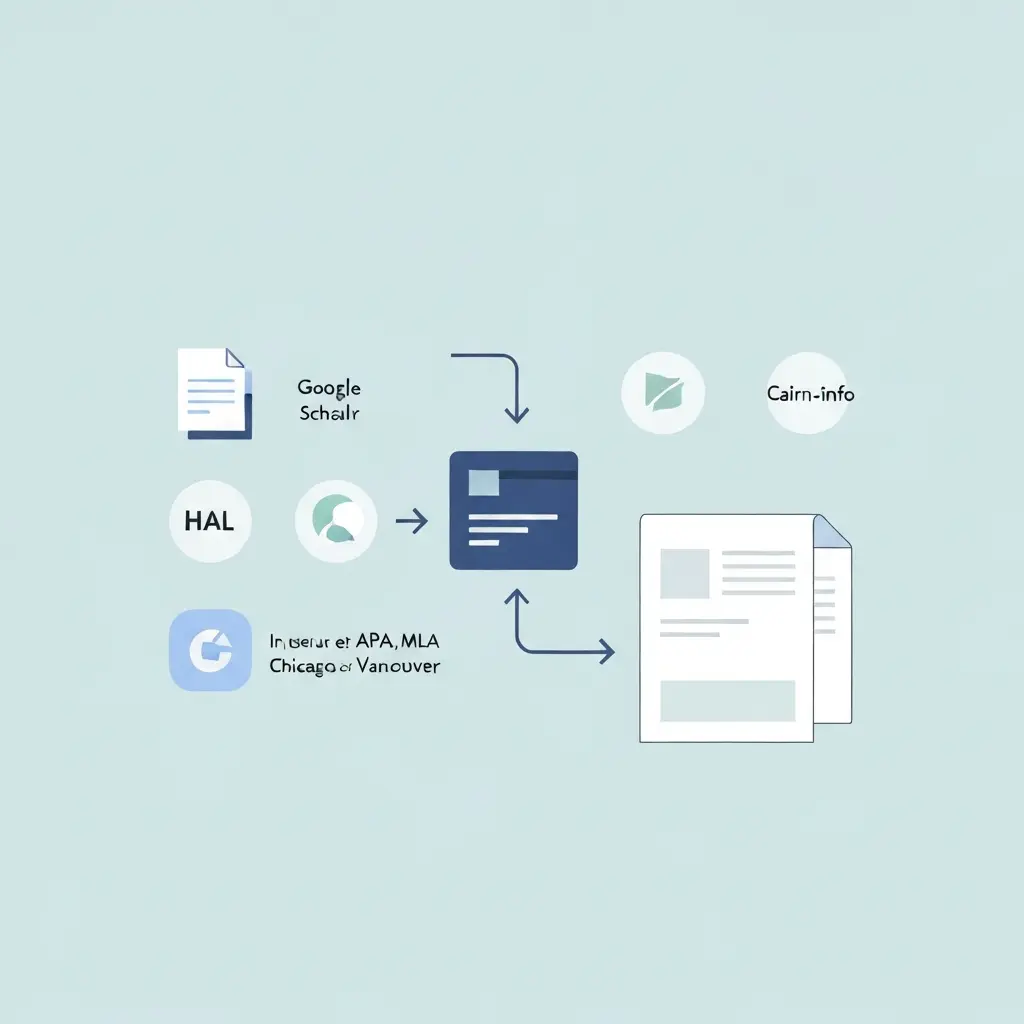 Illustration du flux de bibliographie automatique avec Tesify : saisie d'une source, interrogation de Google Scholar, HAL et Cairn.info, génération automatique en APA 7, MLA ou Chicago et intégration dans le mémoire