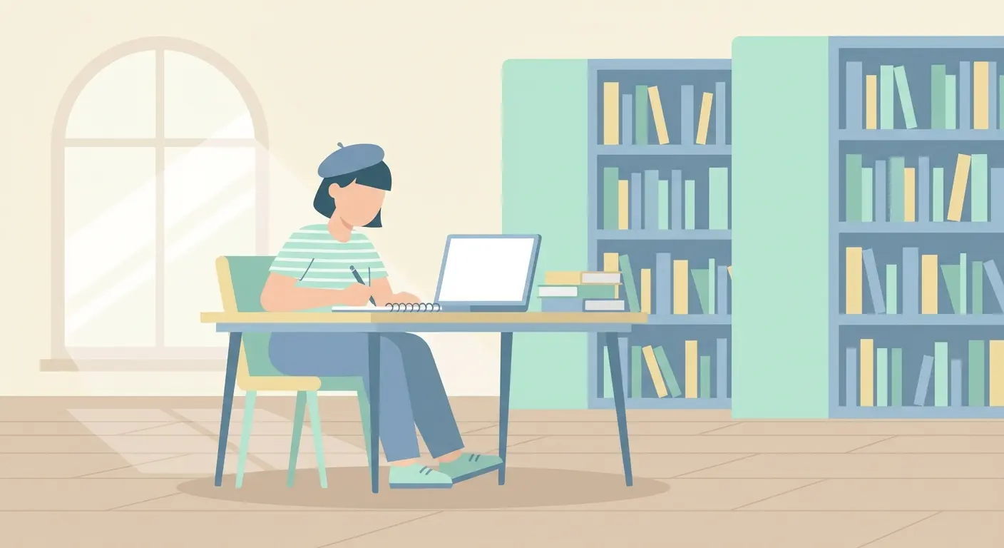 Étudiant rédigeant son mémoire dans une bibliothèque universitaire en France, symbolisant la méthode de travail et la gestion des sources pour un master