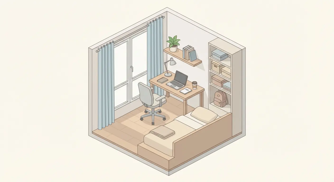 Studio étudiant compact et fonctionnel avec espace bureau ergonomique près de la fenêtre, aménagement pratique pour petit logement étudiant