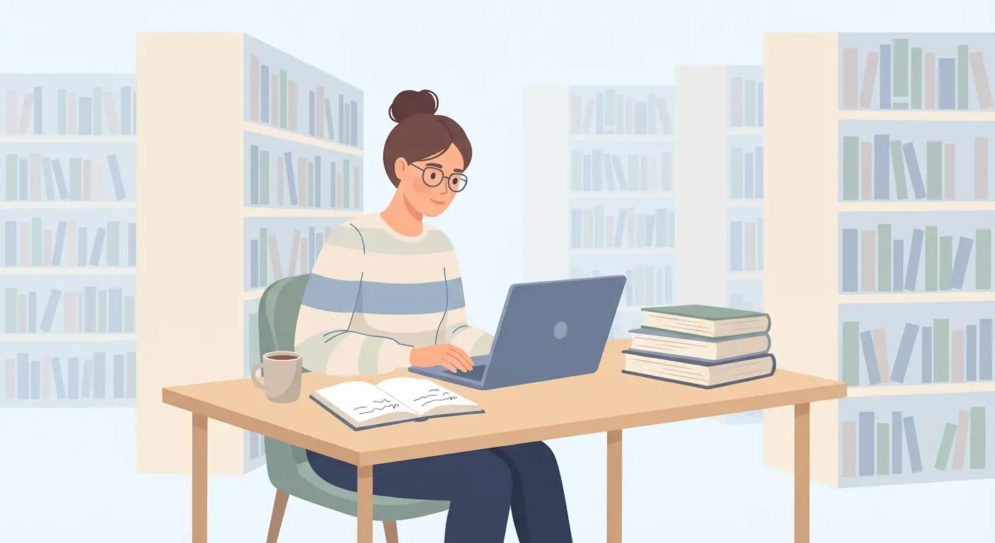 Étudiant qui rédige un mémoire de master à une table de bibliothèque universitaire, avec un ordinateur portable, un cahier et des livres empilés