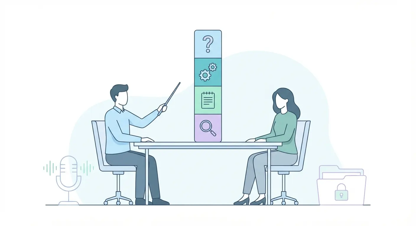 Entretien semi-directif : chercheur et participant en face à face, illustration des phases méthodologiques de la recherche qualitative