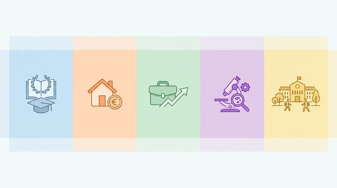Infographie des 5 critères essentiels pour choisir son université en France : qualité pédagogique, coût de la vie, débouchés professionnels, environnement de recherche et vie étudiante