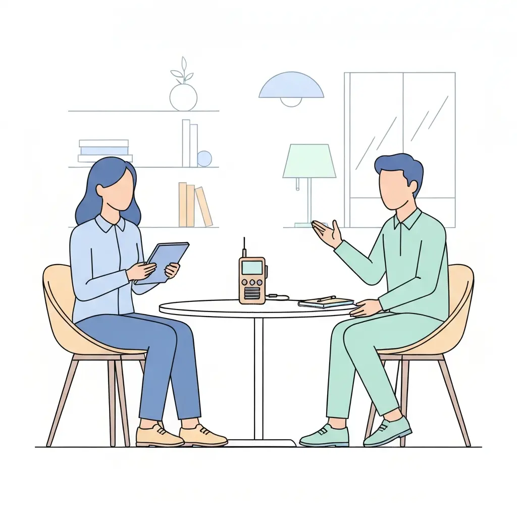 Chercheur conduisant un entretien semi-directif avec guide thématique et enregistreur audio sur la table