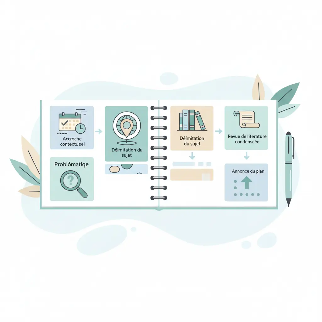 Structure en cinq parties d'une introduction de mémoire réussie — accroche, délimitation, revue de littérature, problématique, annonce du plan