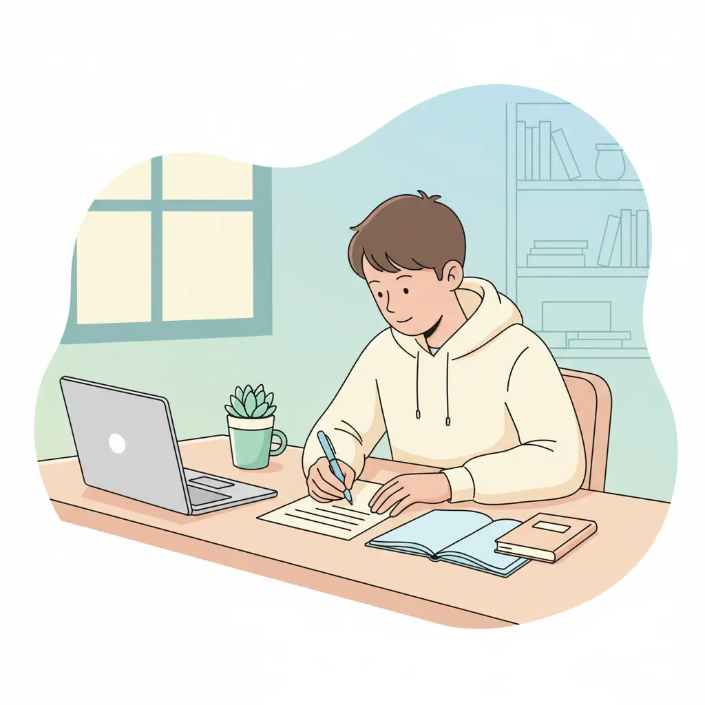 Étudiant en train de rédiger l'introduction d'un mémoire à son bureau, entouré de notes et d'un ordinateur portable