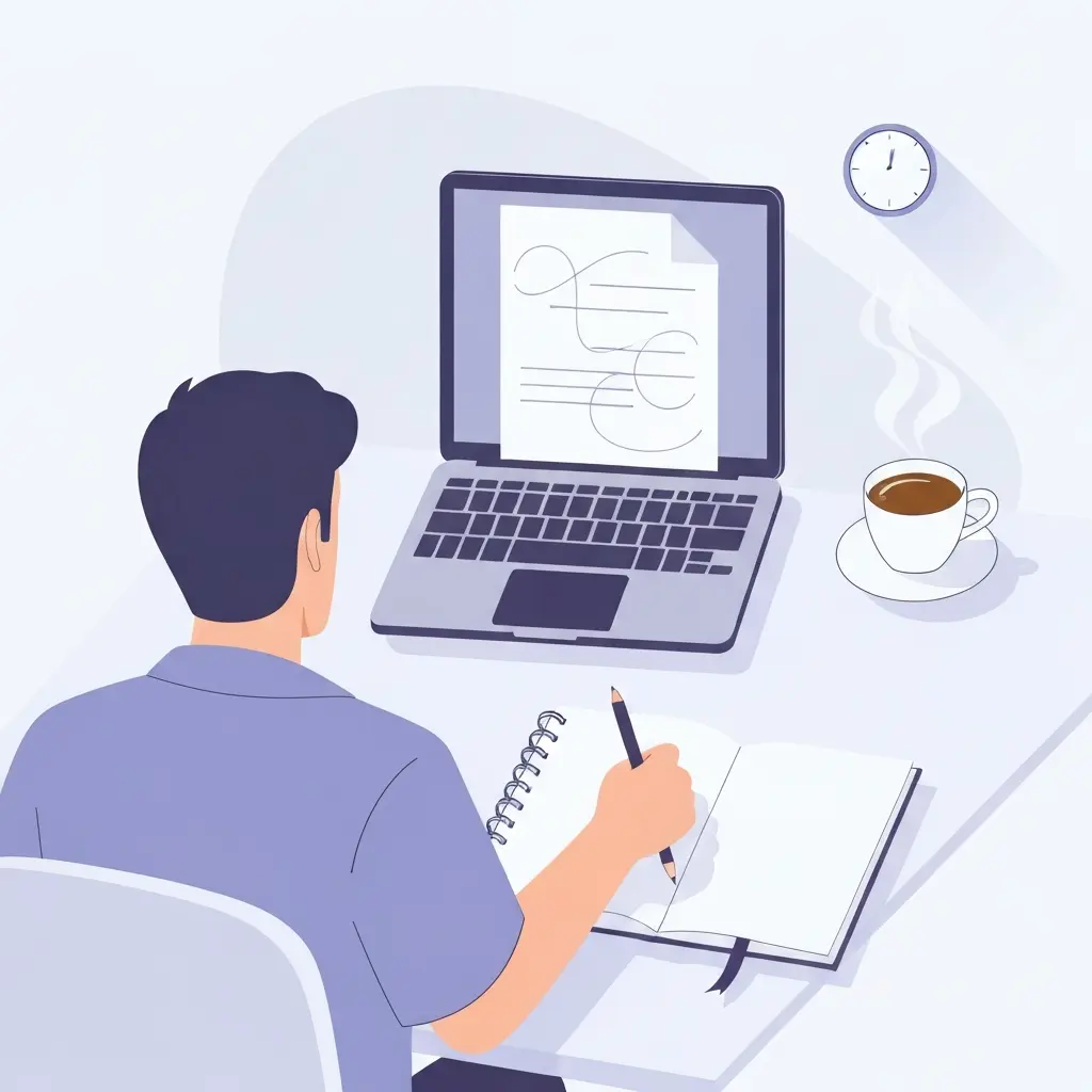 Étudiant rédigeant l'introduction de son mémoire en 48h avec un ordinateur, un carnet et une horloge