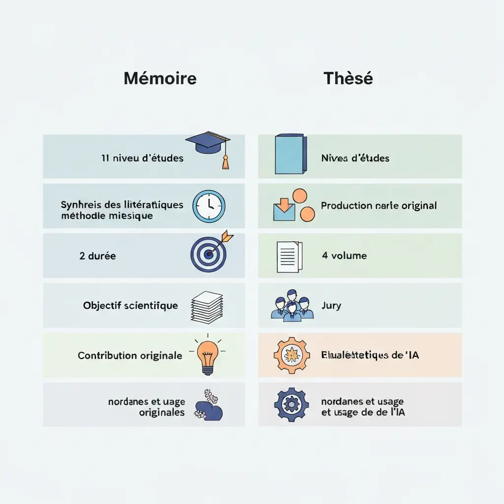 Infographie comparative mémoire et thèse de doctorat selon 7 critères académiques : niveau, durée, objectif, volume, jury, contribution originale et normes IA