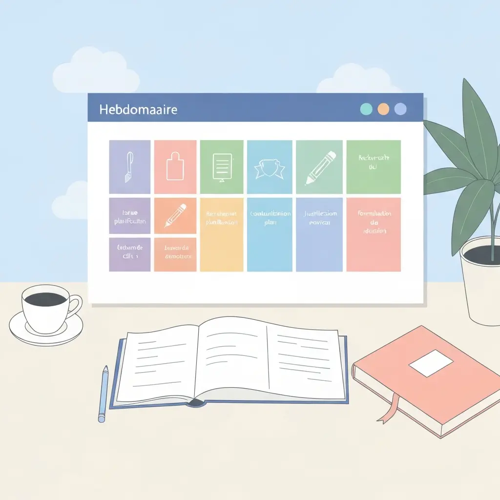 Planning de rédaction de mémoire sur 7 jours avec sept blocs pastel représentant chaque phase du processus de rédaction d'introduction