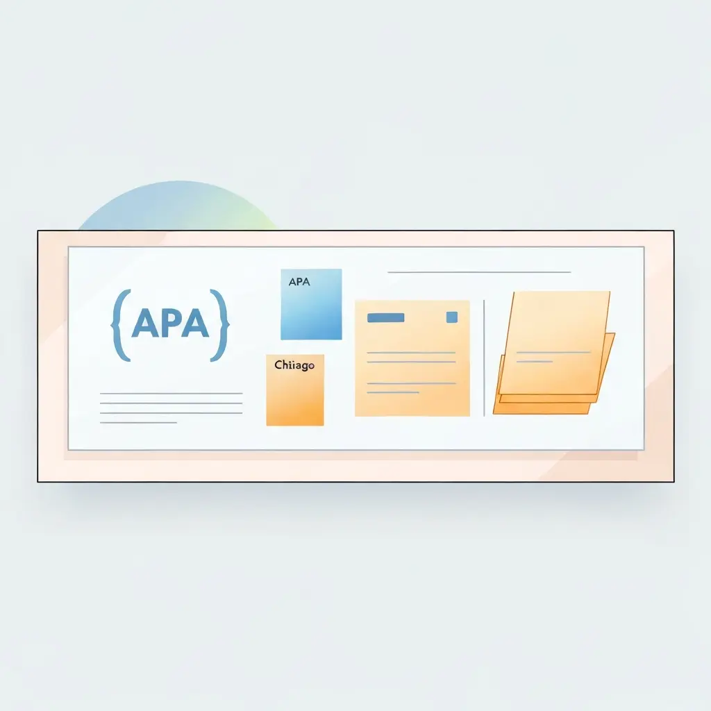 Illustration du processus de citation APA et Chicago NB dans un mémoire académique, avec organisation des références en texte et bibliographie