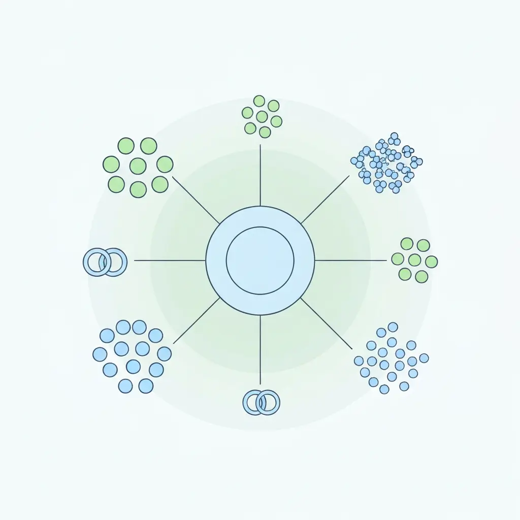 Carte mentale de la littérature académique pour un mémoire, illustrant les débats et lacunes par des nœuds et connexions abstraites colorées