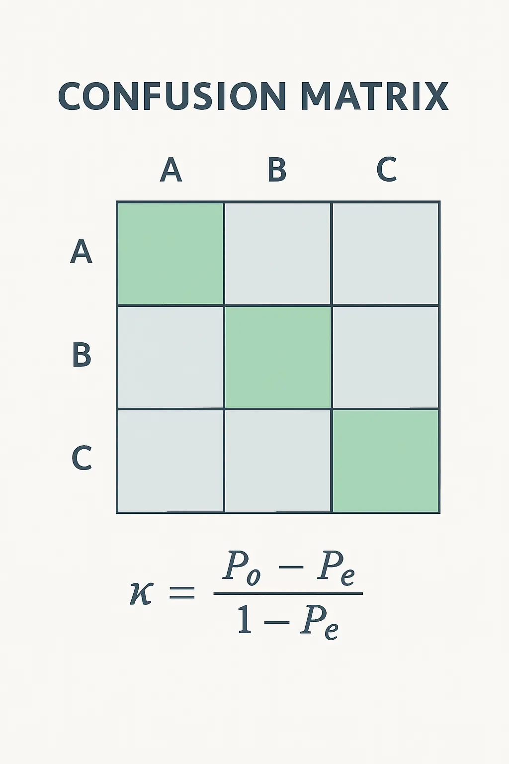 Matrice de confusion inter-juges 3×3 avec diagonale d'accord mise en évidence et formule du coefficient Kappa de Cohen κ = (Po − Pe) / (1 − Pe)