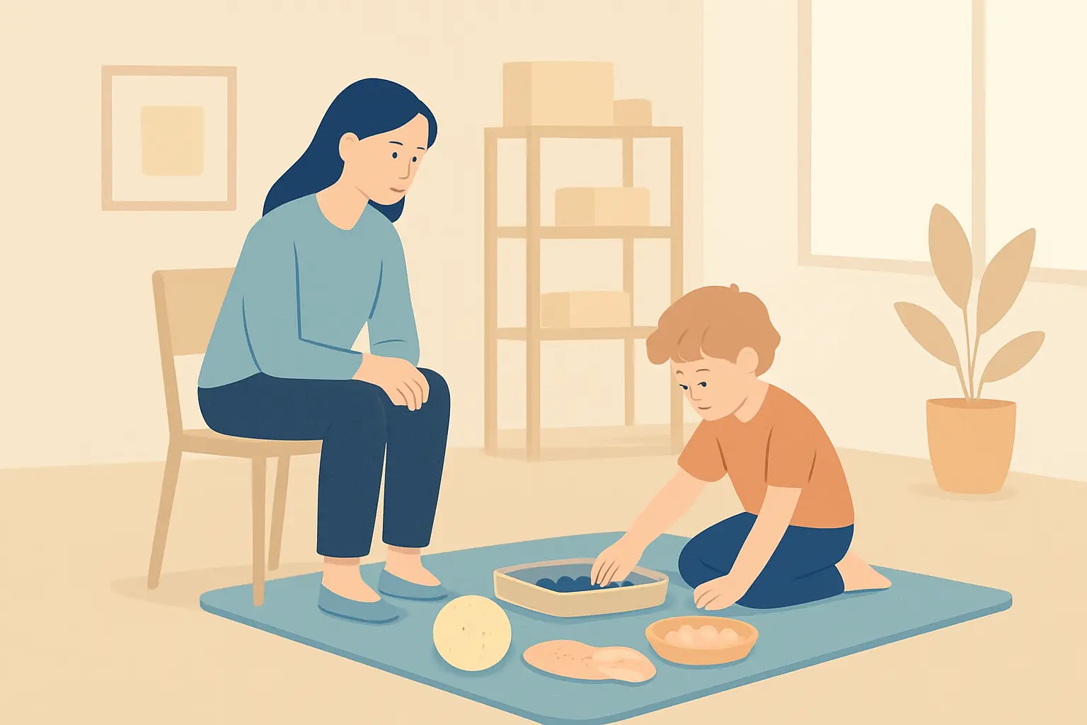 Illustration d'une séance de psychomotricité en stage clinique : étudiant thérapeute accompagnant un enfant dans une exploration sensorielle en salle de thérapie