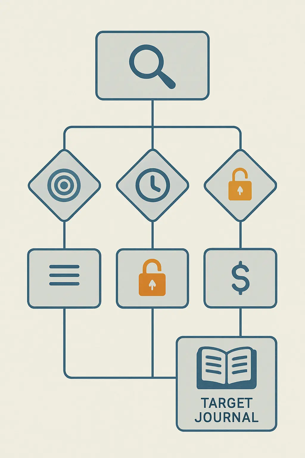 Diagramme de sélection d'une revue scientifique cible pour la publication d'un article issu d'un mémoire de master : critères thématiques, délai de révision, accès ouvert et frais APC