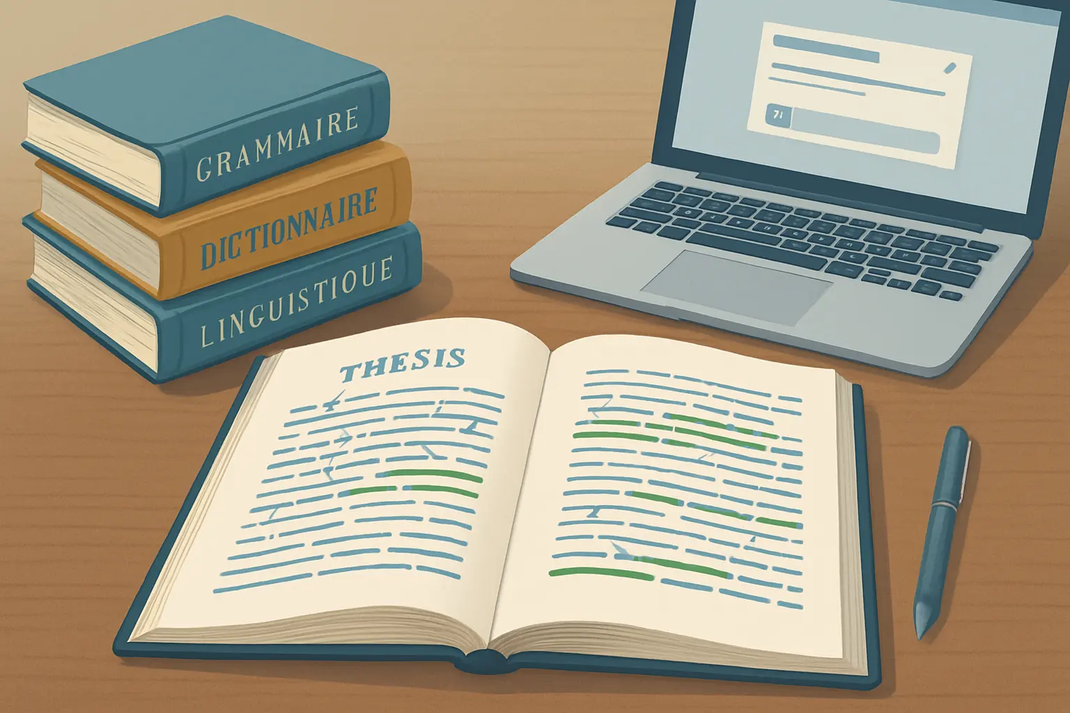 Illustration d'un workflow de correction d'un mémoire en français : manuscrit annoté, livres de référence linguistique et interface de correcteur grammatical sur ordinateur portable