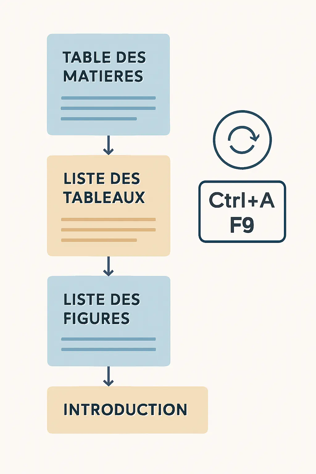 Structure des pages liminaires d'un mémoire : placement de la liste des tableaux et de la liste des figures après le sommaire, et procédure de mise à jour avant remise