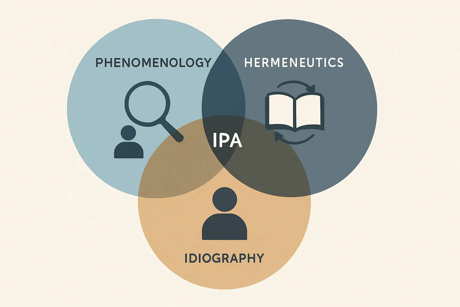 Diagramme de Venn illustrant les trois fondements théoriques de l'IPA : phénoménologie, herméneutique et idiographie, qui convergent pour former l'analyse phénoménologique interprétative