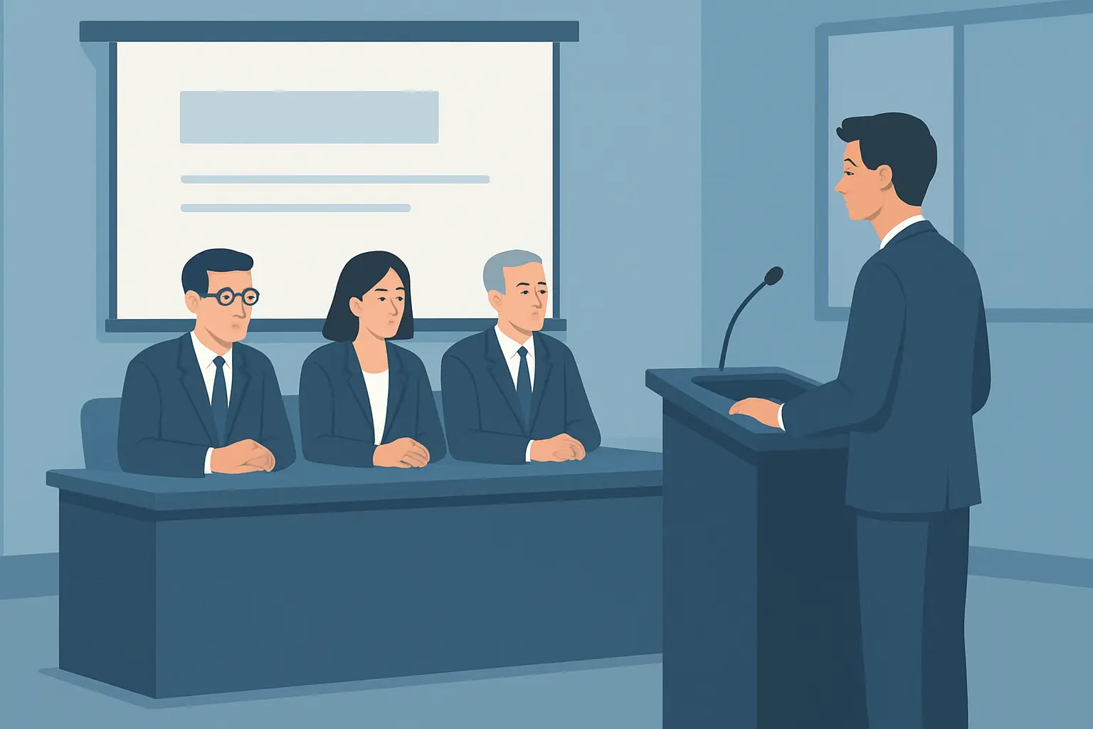Illustration d'une soutenance de mémoire devant un jury : étudiant en présentation face aux membres du jury dans une salle universitaire