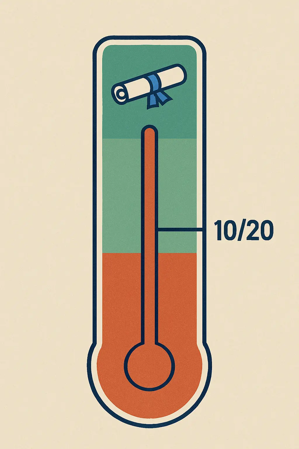 Illustration du seuil de note plancher pour la validation du mémoire de master : jauge académique montrant le minimum requis de 10/20, avec zone verte (validation du diplôme) et zone rouge (échec non compensable)