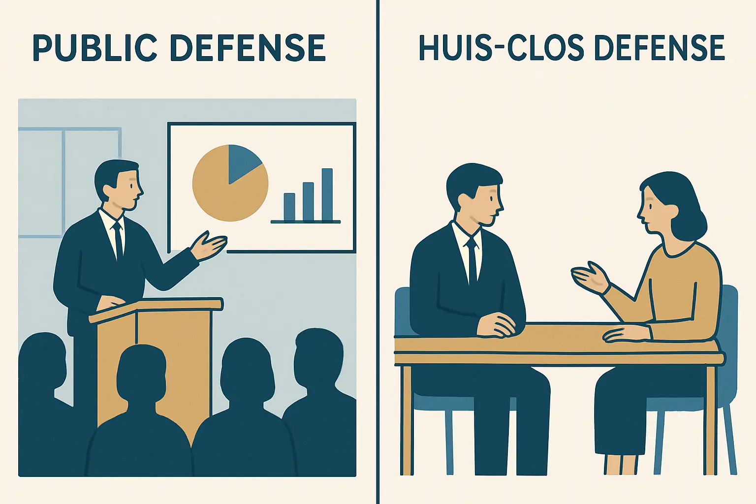 Schéma comparant une soutenance ouverte au public et une soutenance à huis clos : deux configurations de soutenance de mémoire de master