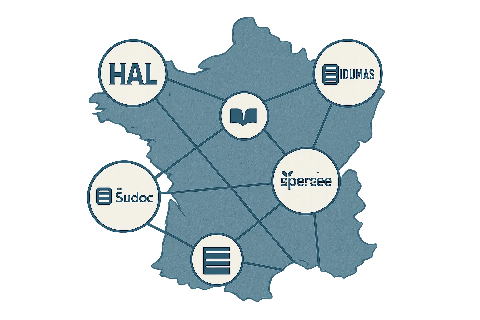 Réseau des archives ouvertes françaises HAL, theses.fr, DUMAS, Persée et Sudoc — les cinq bases de données académiques nationales gratuites