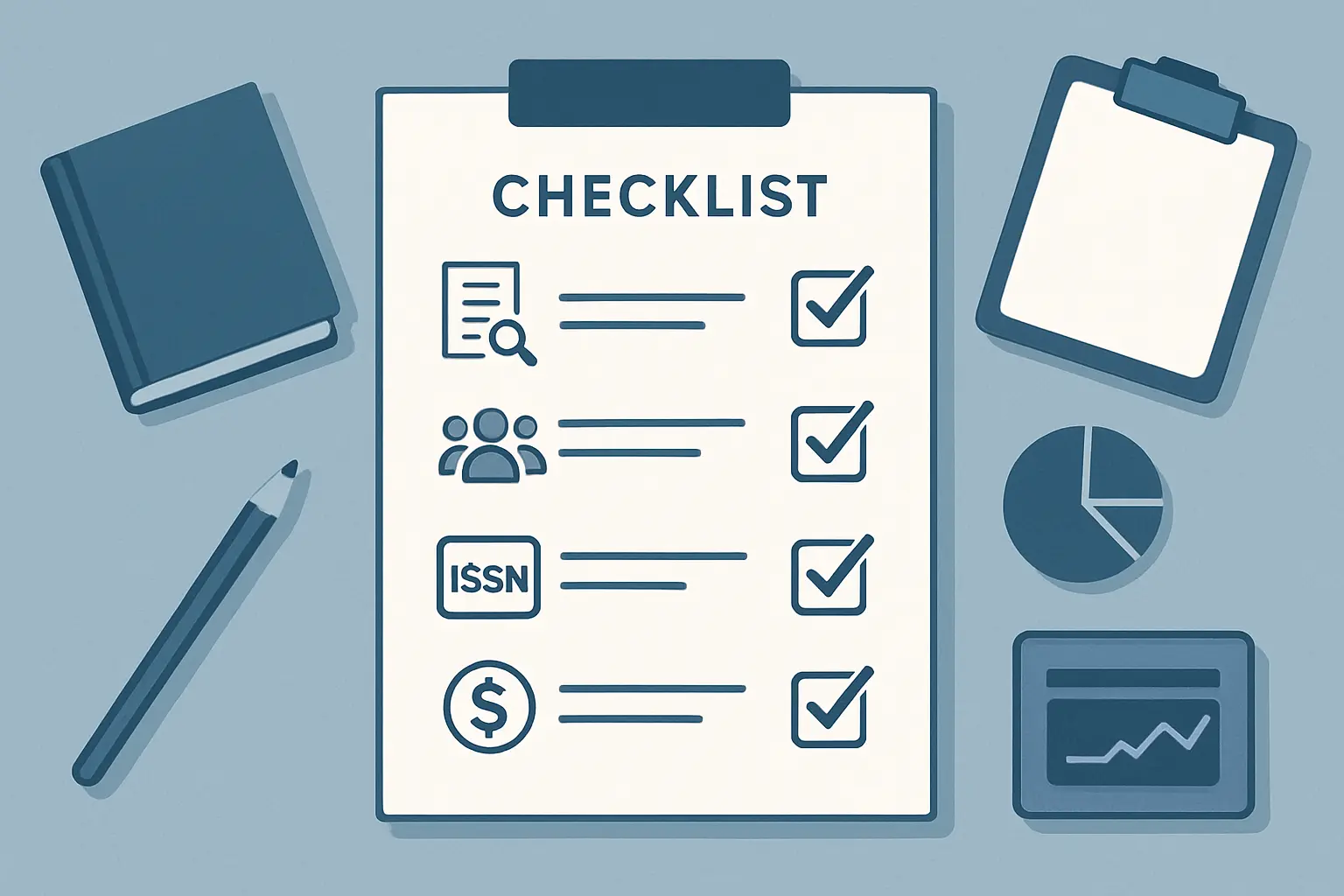 Checklist illustrée pour vérifier une revue scientifique avant soumission : DOAJ, comité éditorial, ISSN, frais APC