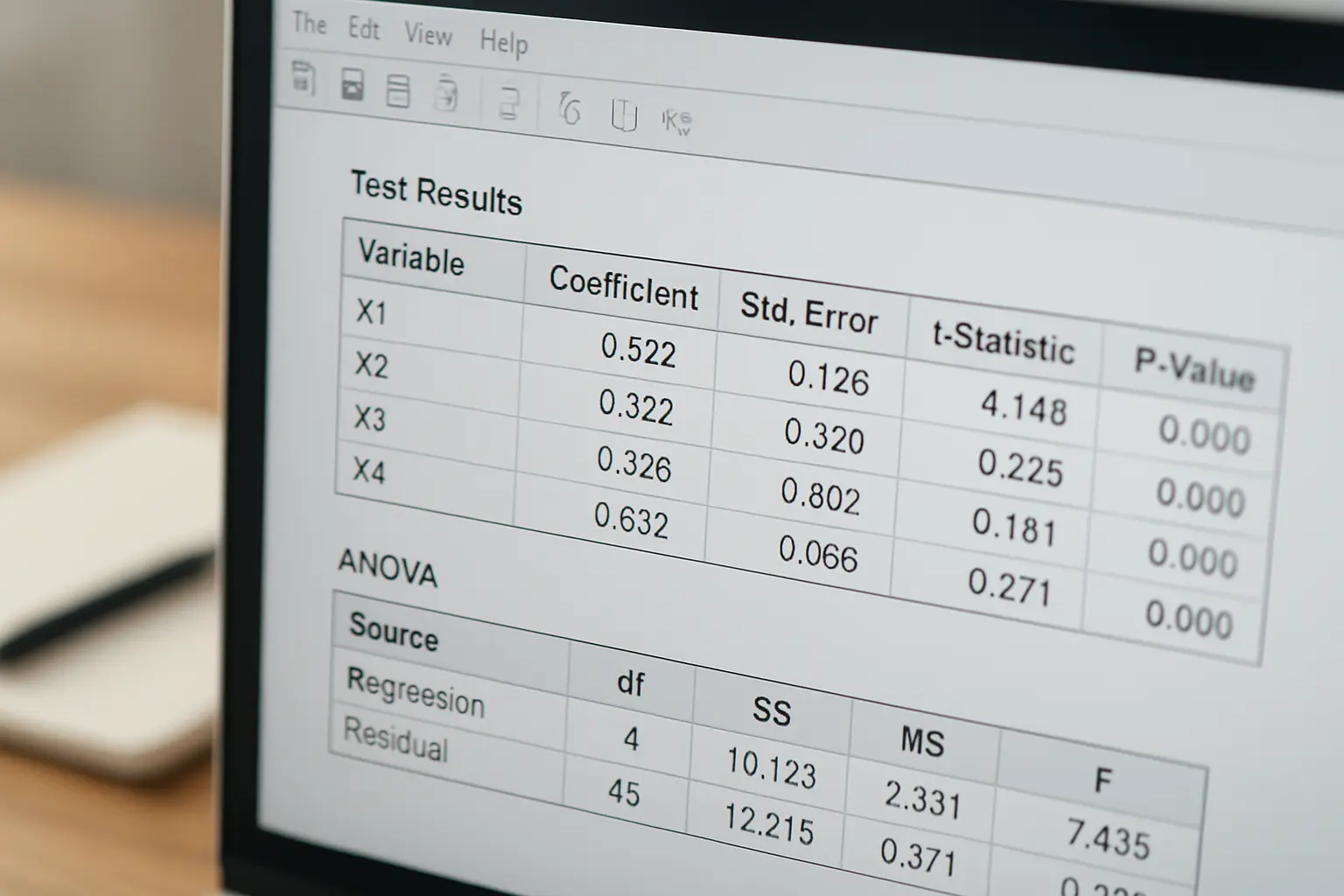 Sortie logicielle affichant des résultats de test statistique avec valeurs de p