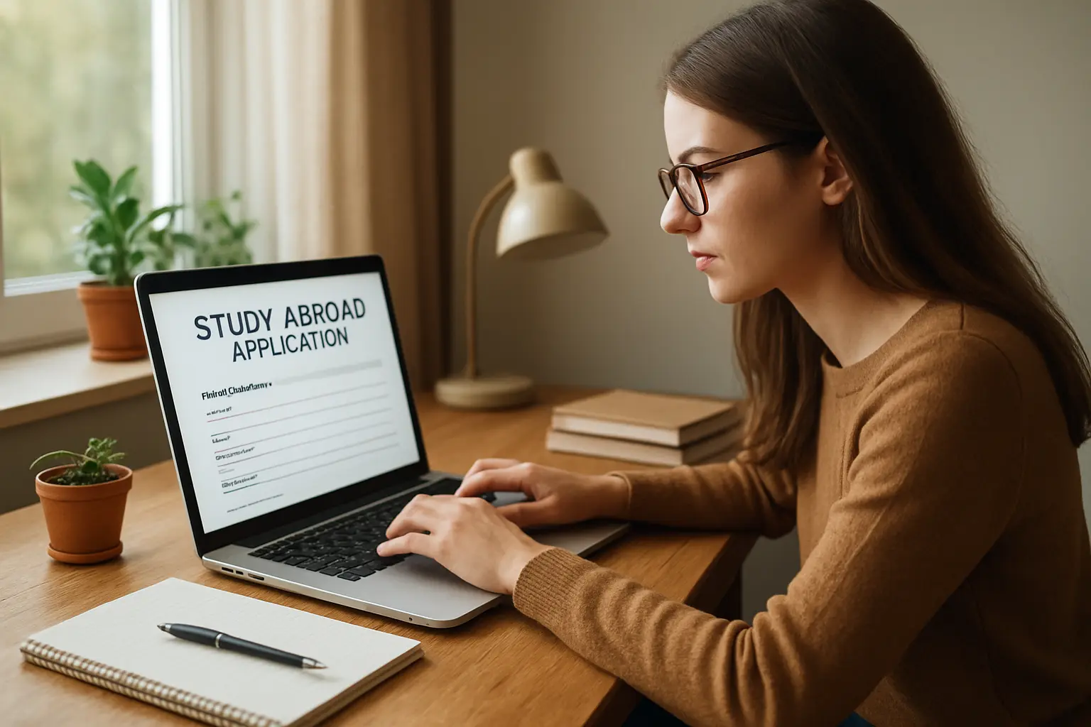 Étudiante préparant un dossier de candidature pour une summer school universitaire