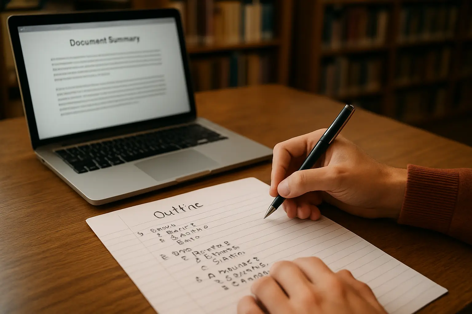 Étudiante structurant le plan de son mémoire à partir de résumés générés automatiquement à partir de ses sources