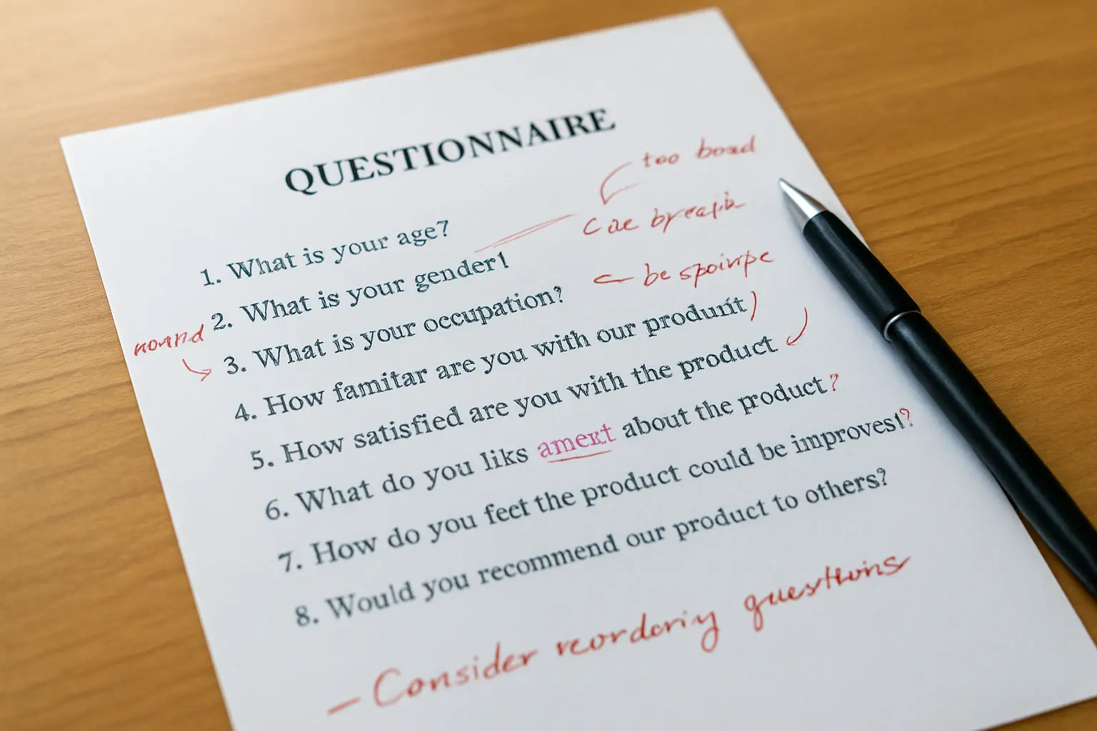 Notes de correction annotées sur un projet de questionnaire de recherche