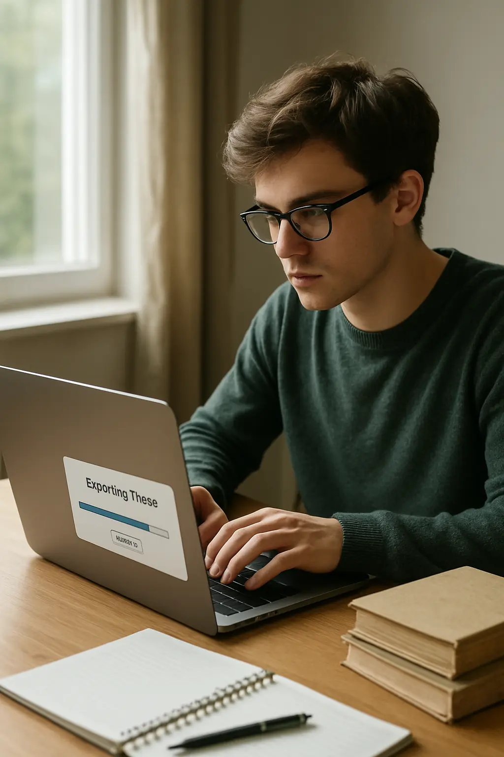 Étudiant finalisant l'export PDF de son mémoire sur ordinateur portable avant le dépôt sur la plateforme universitaire