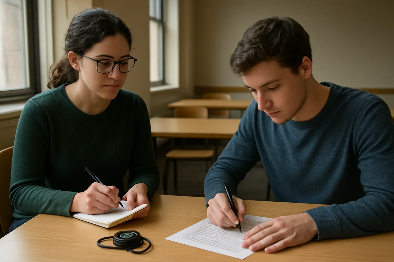 Étudiante observant un répondant remplir un questionnaire papier lors d'un test pilote