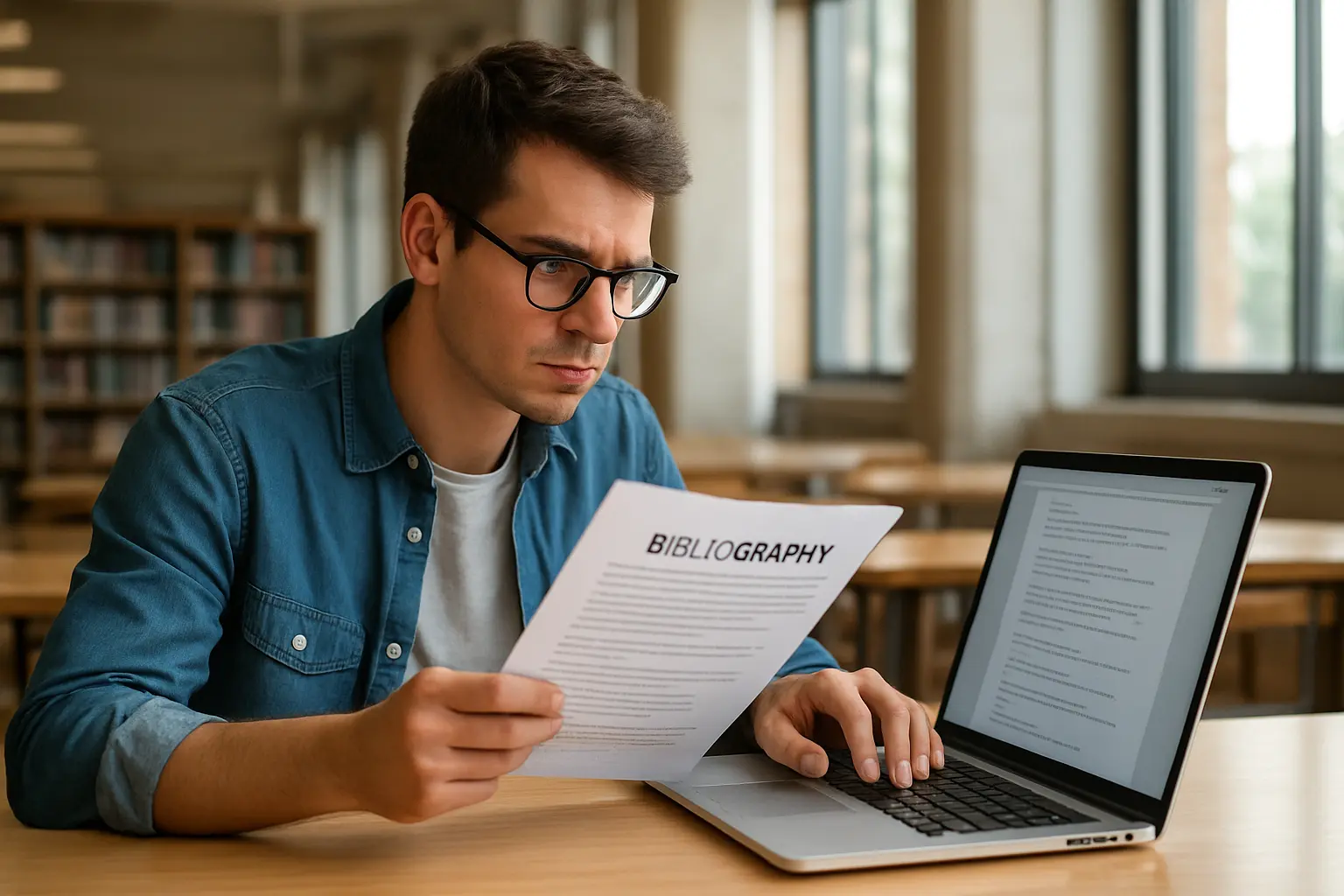 Étudiant vérifiant une liste de références bibliographiques sur un ordinateur portable