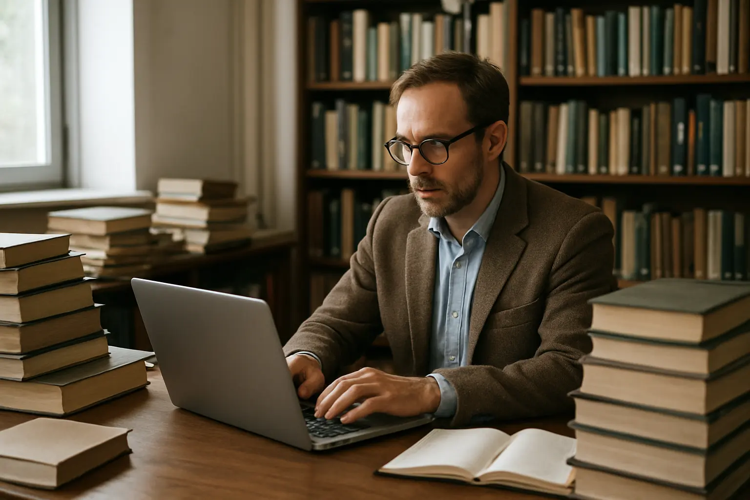 Enseignant-chercheur utilisant l'IA générative dans son bureau