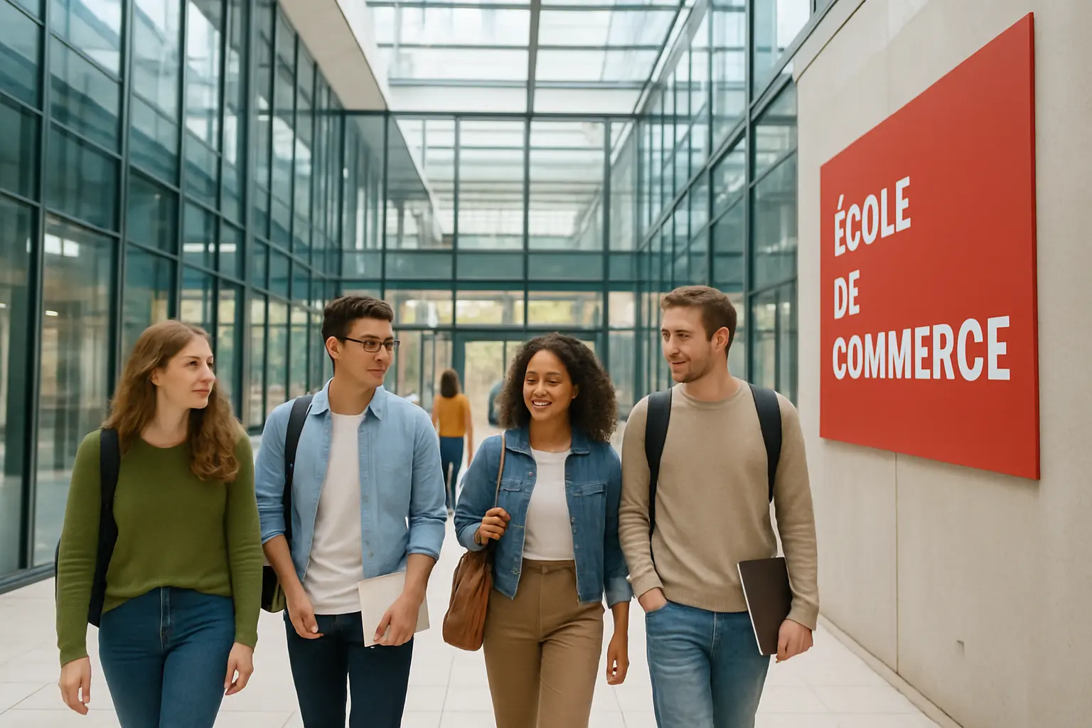 Étudiants dans le hall d'une école supérieure privée en France