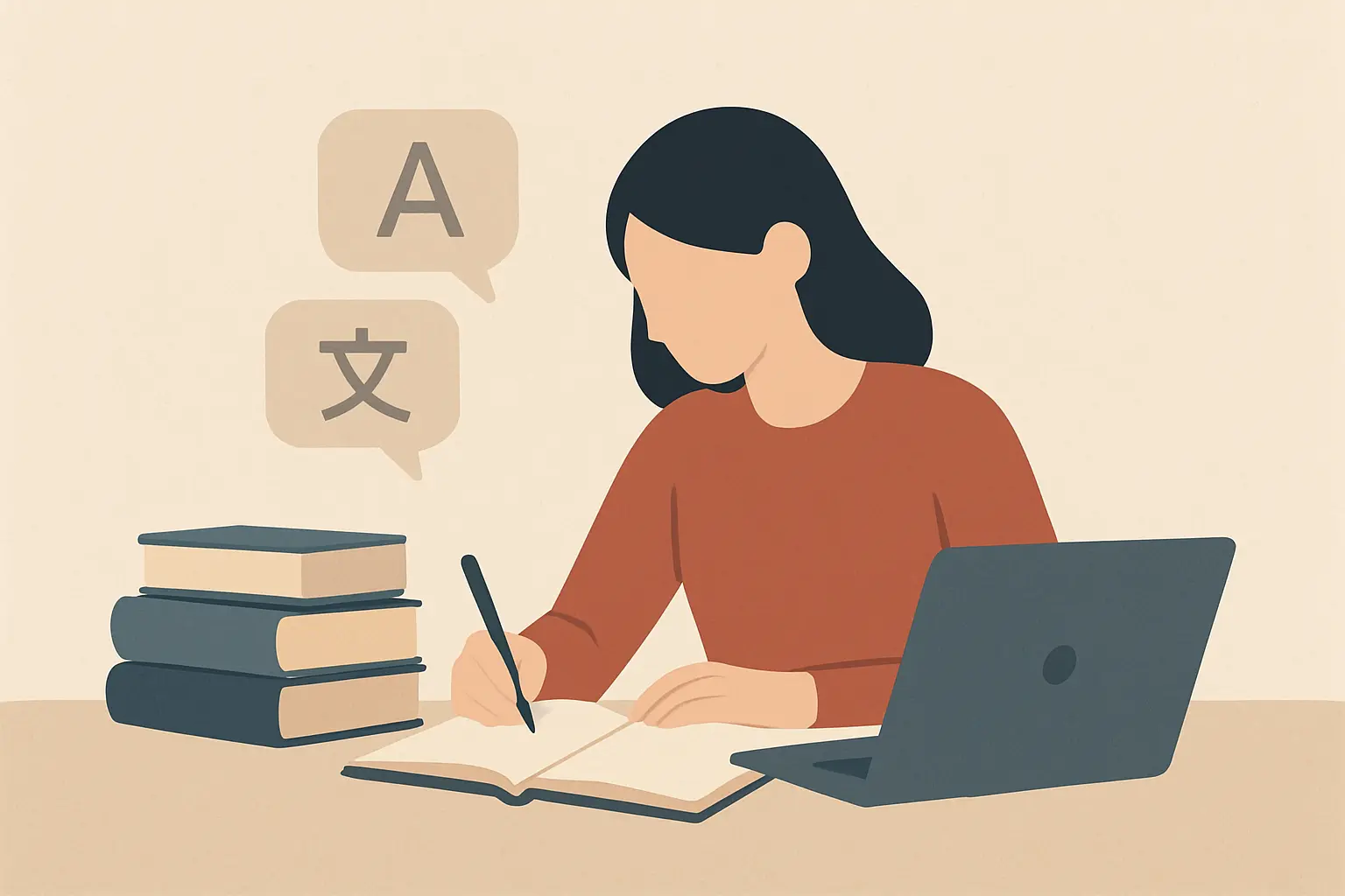 Étudiant en traduction rédigeant son mémoire de master