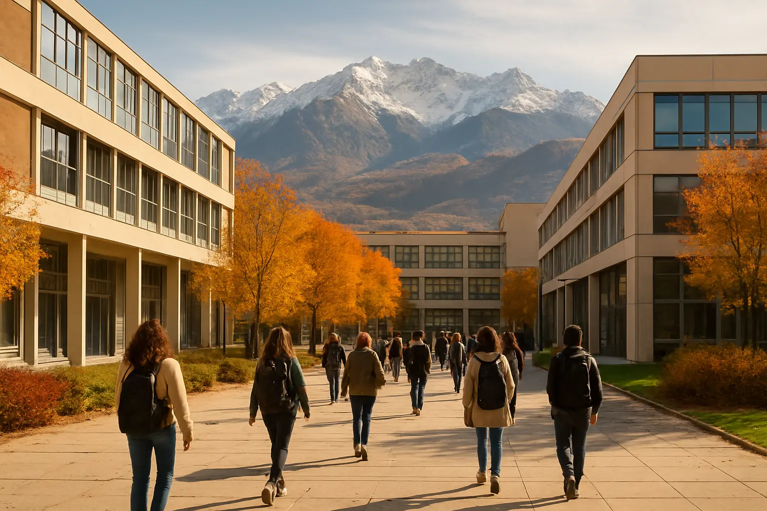 Campus universitaire de Grenoble avec les montagnes des Alpes en arrière-plan
