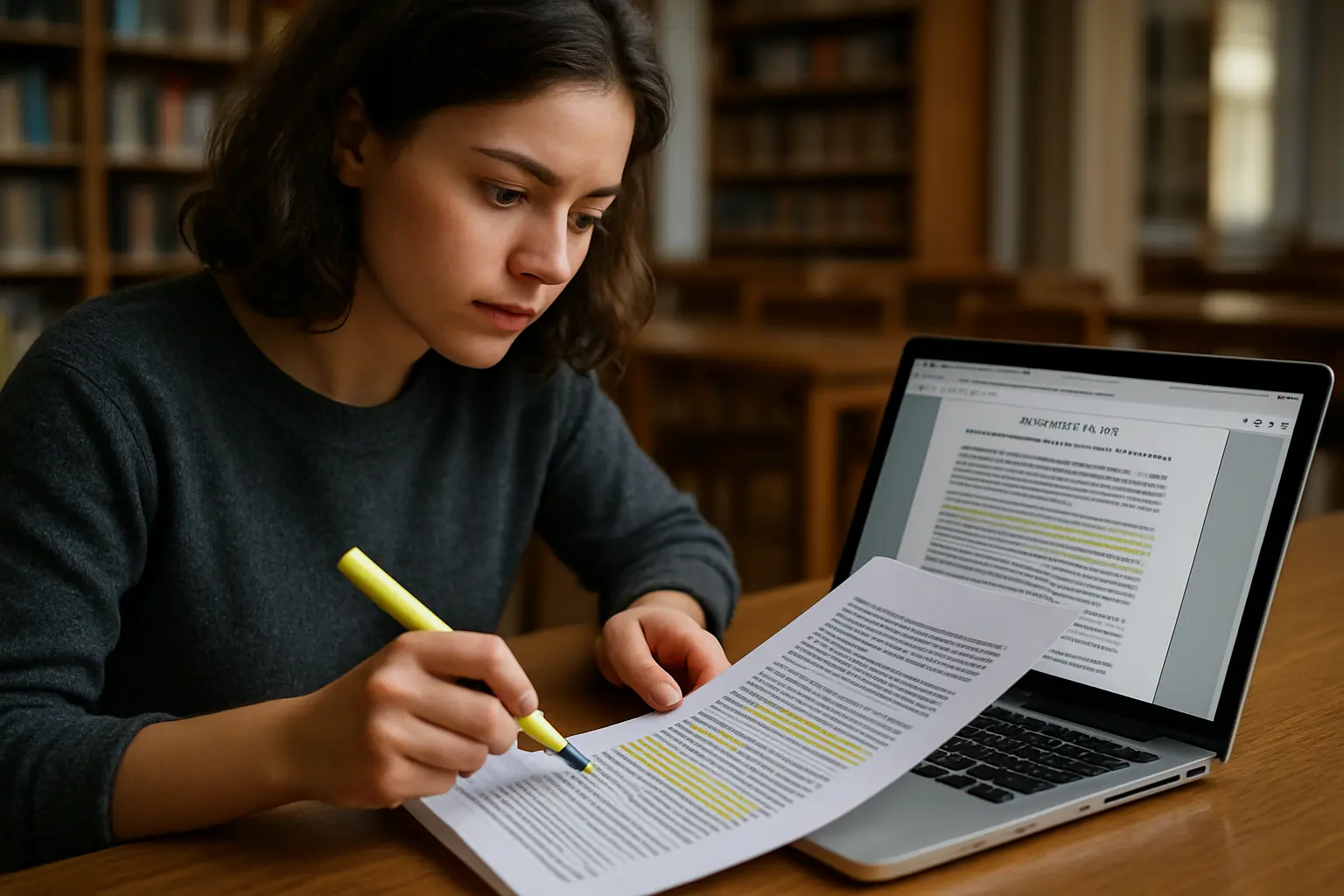Étudiant vérifiant une citation générée par une IA documentaire en comparant avec la source originale avant de l'intégrer à son mémoire