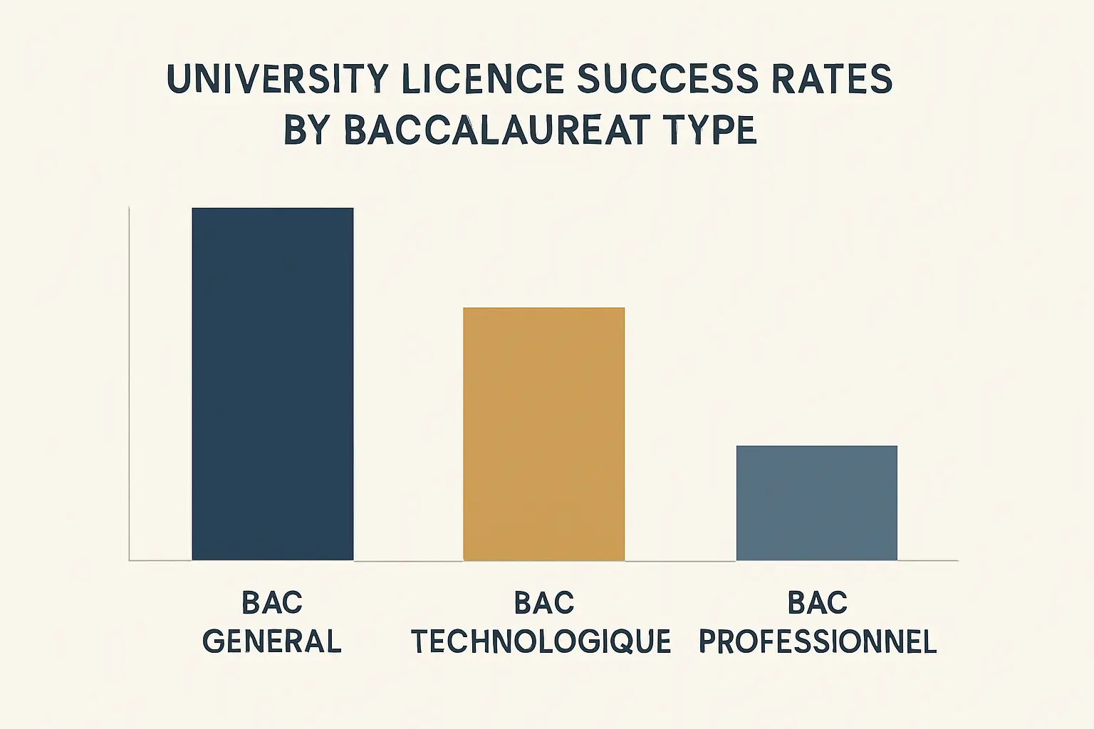 Diagramme en barres illustrant l'écart de taux de réussite en licence selon le type de baccalauréat : bac général, bac technologique et bac professionnel
