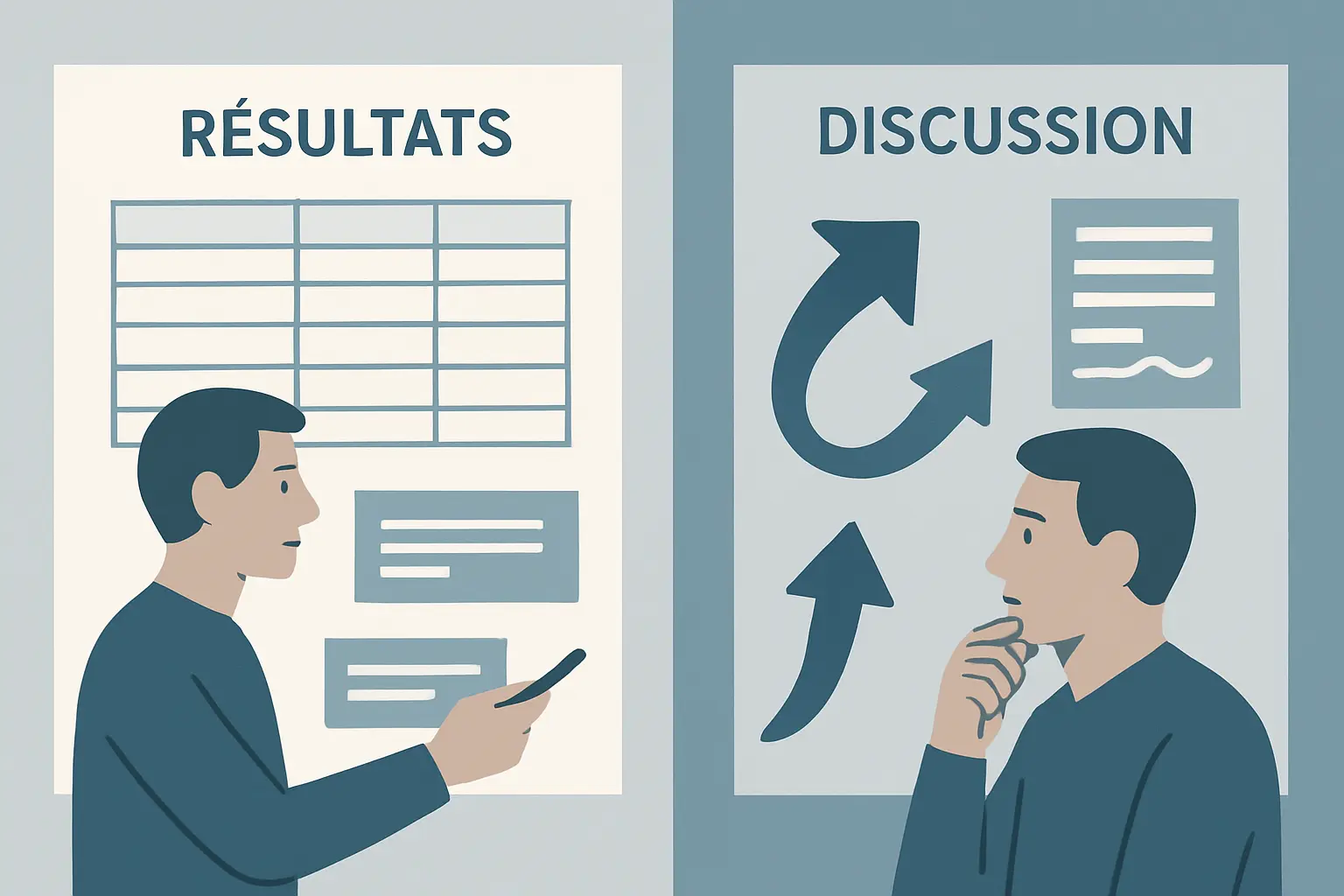 Illustration distinguant la présentation des résultats de terrain et leur interprétation en discussion