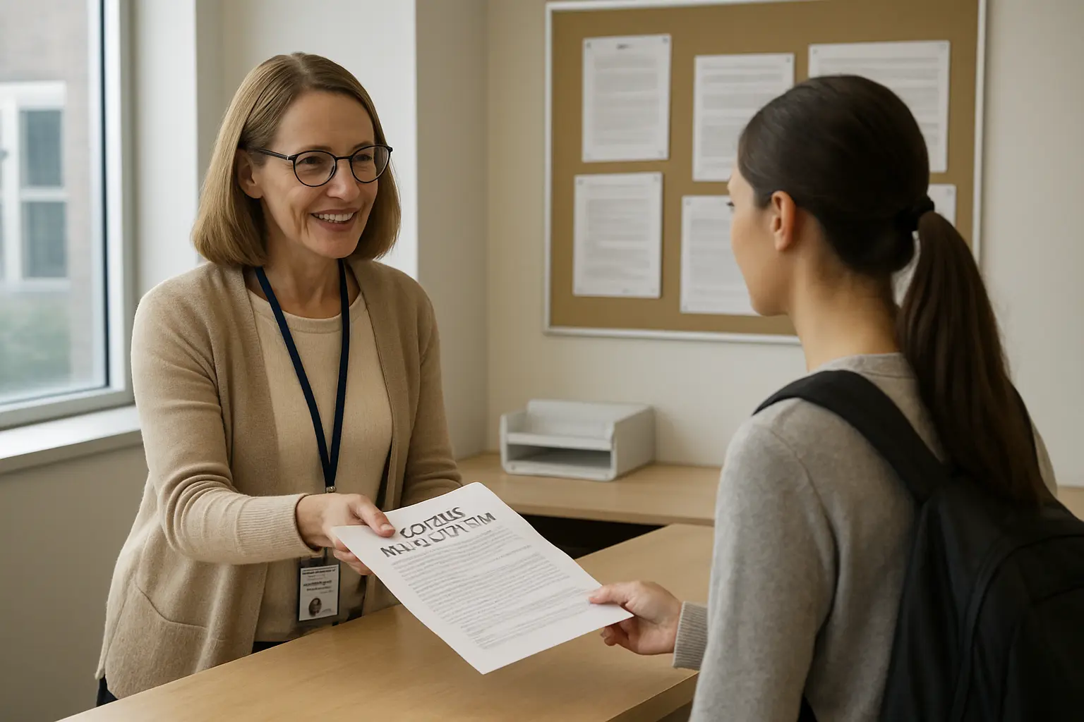 Secrétariat pédagogique remettant le règlement des études à un étudiant