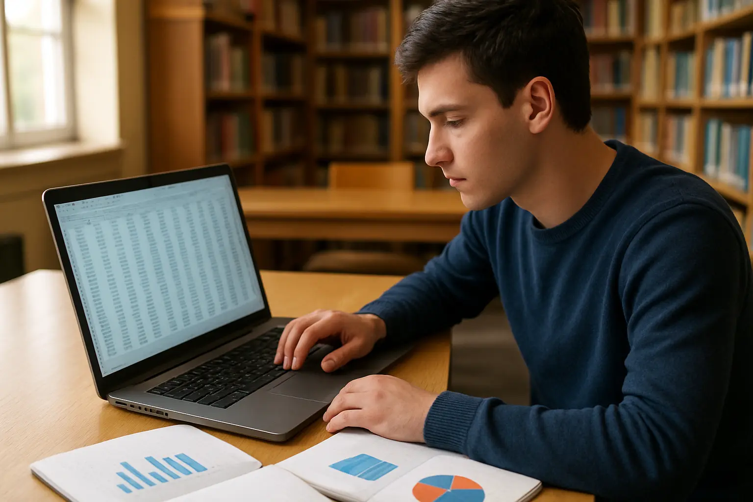 Étudiant analysant un tableau de données statistiques sur son ordinateur