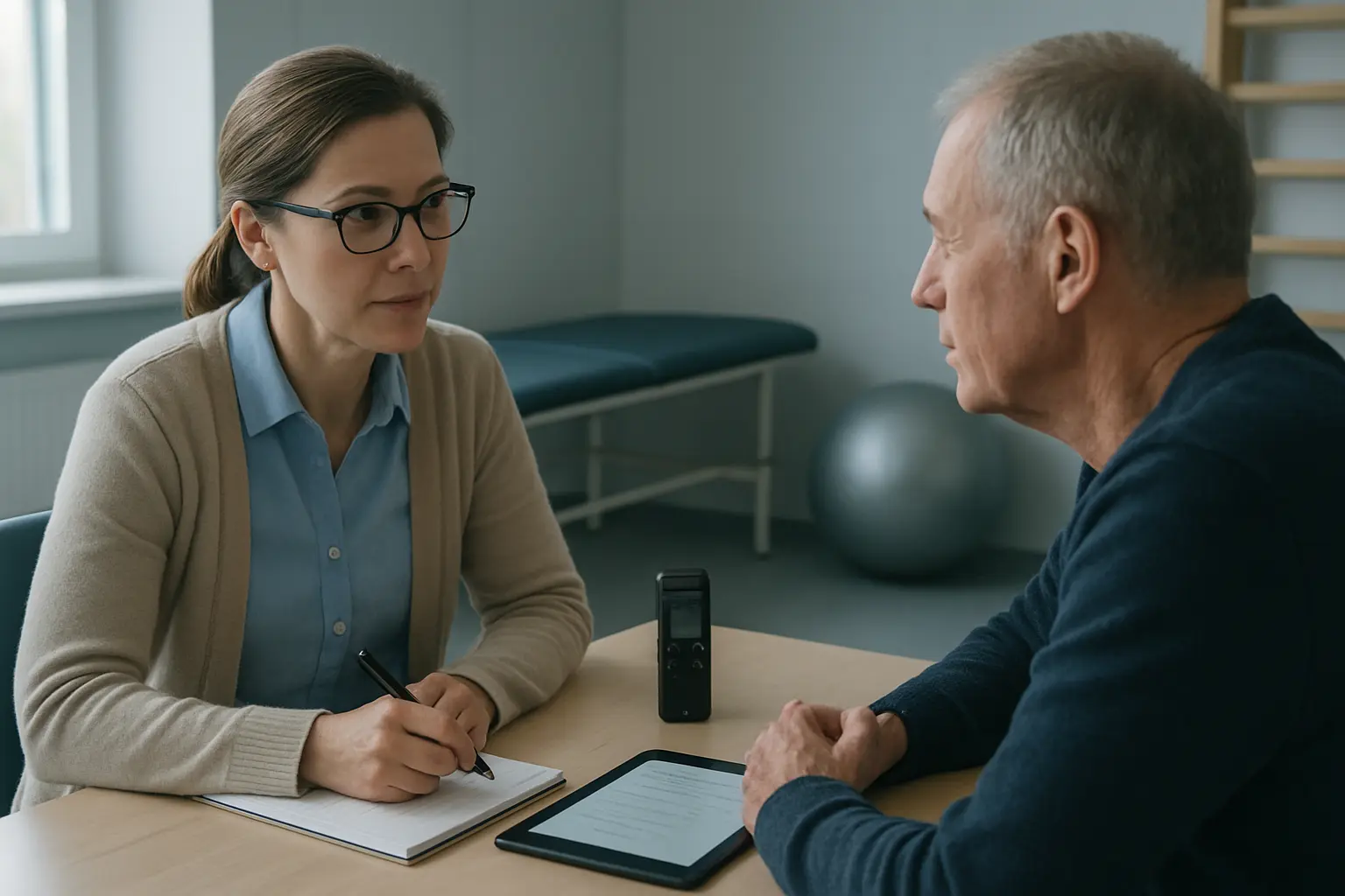 Entretien qualitatif avec un patient en clinique de kinésithérapie, enregistré pour transcription et analyse