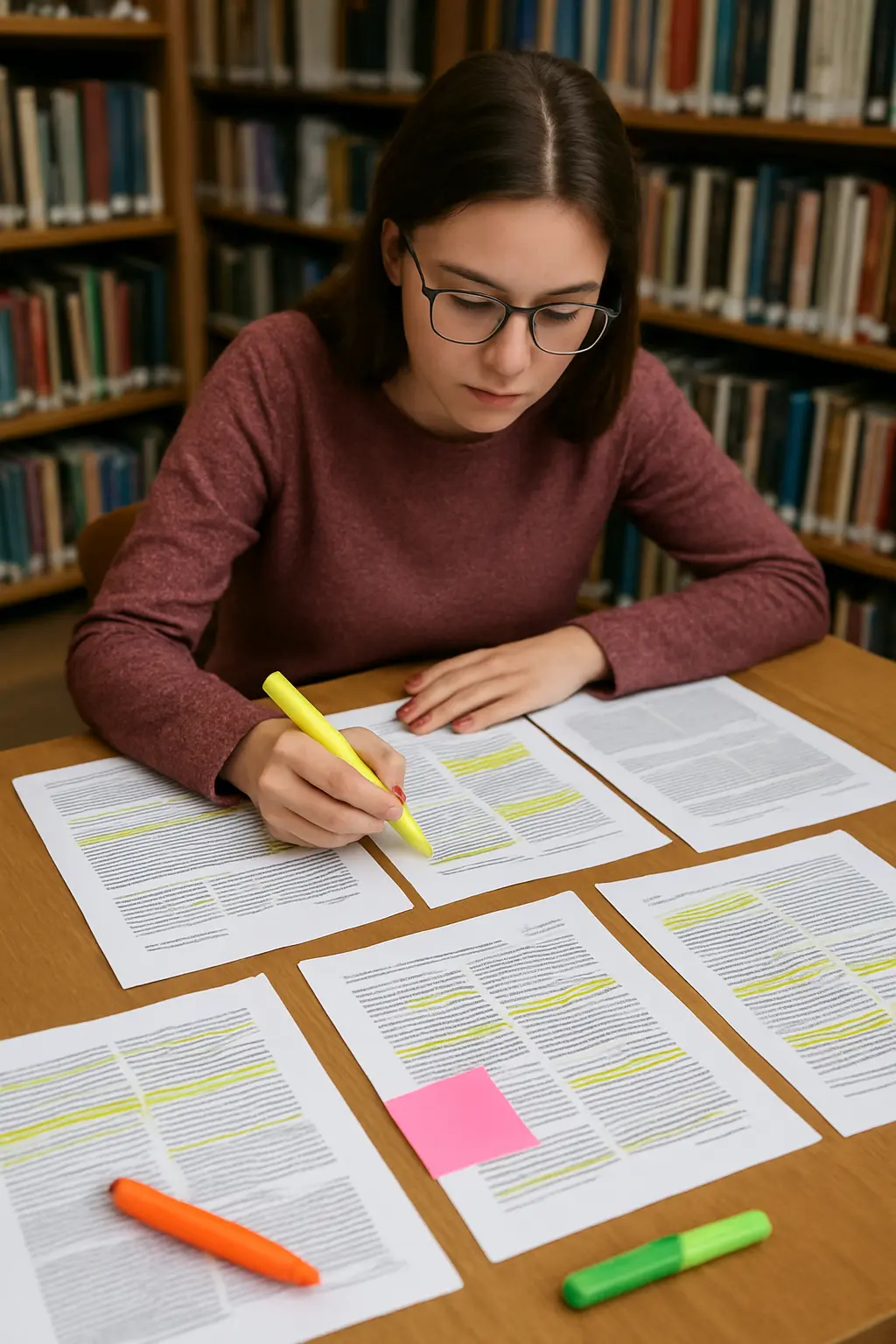 Étudiante comparant plusieurs articles scientifiques imprimés sur une table
